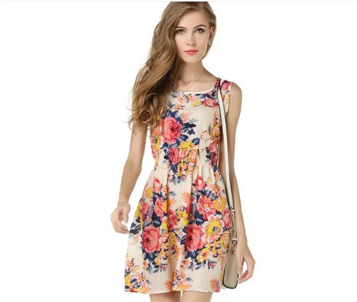 20 unids 19 diseños mujeres vestido de flores casuales más tamaño vestido barato vestido sin mangas del verano M051