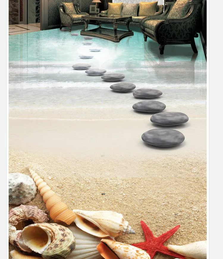 High Quality Customize size Modern Beach starfish shell stone bathroom 3D floor tiles waterproof wallpaper for bathroom wall1592711