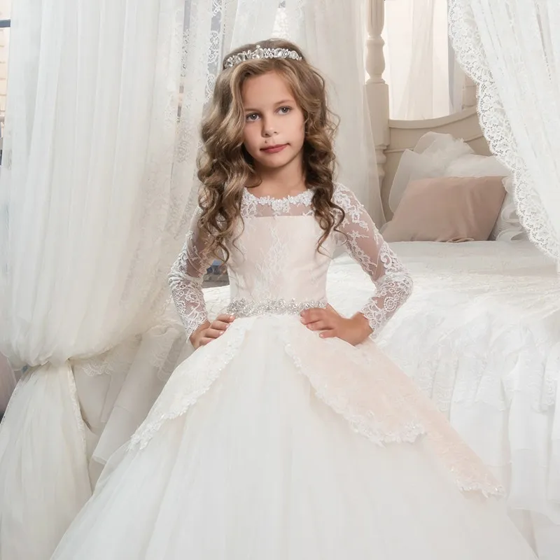 Cupcake Little Kids Pageant Gowns for Girls Long Sleeves Lace Appliques With Bow Sashes Wedding Birthday First Flower Girl Dresses