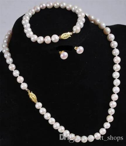 Whole 7-8MM White Akoya Cultured Pearl Necklace Bracelet Earring Set 18''308r