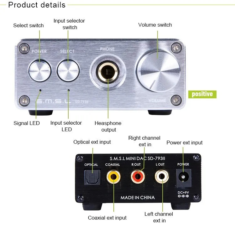 SMSL SD-793II DIR9001+PCM1793+OPA2134 24bit96khz CoaxialOptical DAC Headphone Amplifier Amp Aluminum Enclosure BlackSliver 1