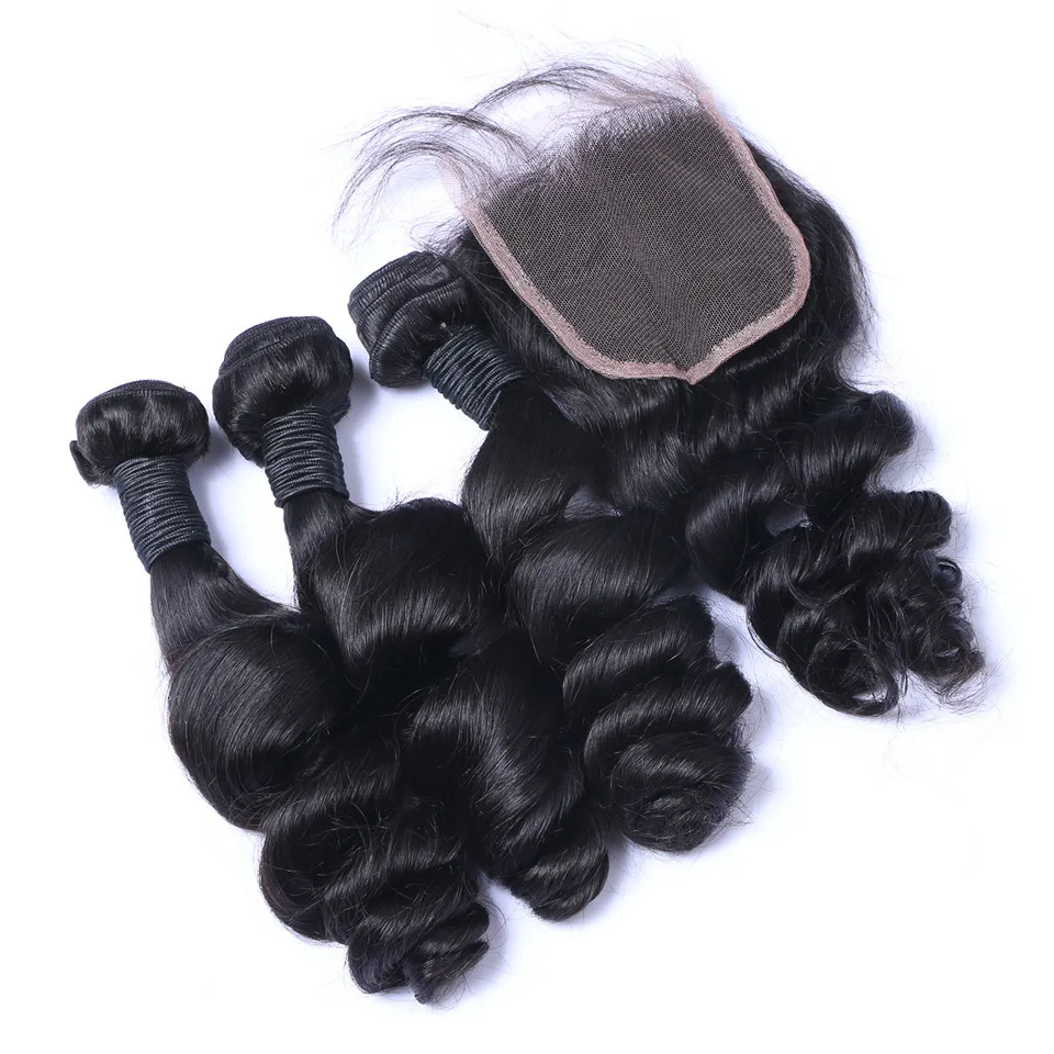 Brazilian Loose Wave Hair Weaves 3 Bundles with Closure Free Middle 3 Part Double Weft Human Hair Extensions Human Hair Weave