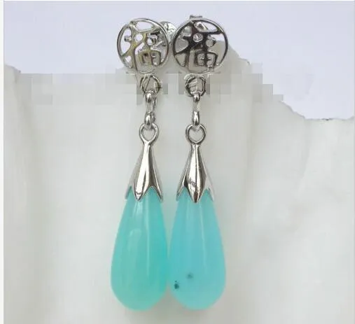 Genuine Dangle 8*21mm drop sky blue jade Earrings 18KGP post e1798