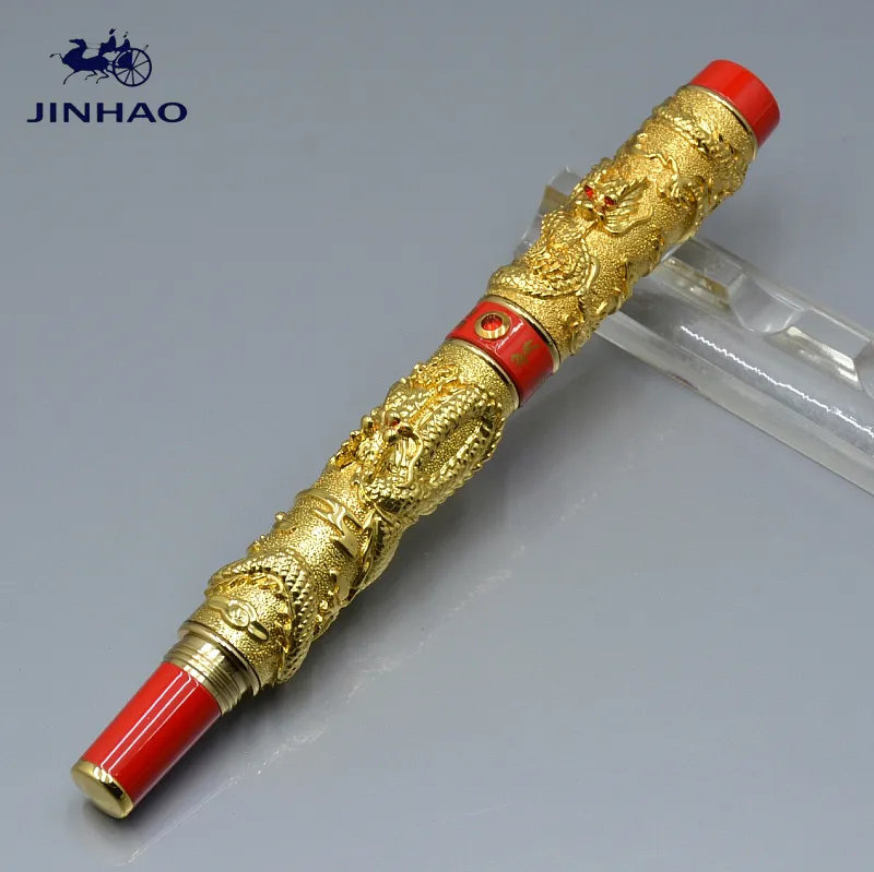 قلم JINHAO الفاخر للعلامة التجارية رمادي مزدوج التنين النقش قلم حبر كروي مع لوازم مكتبية للأعمال كتابة أقلام معدنية ناعمة للهدايا