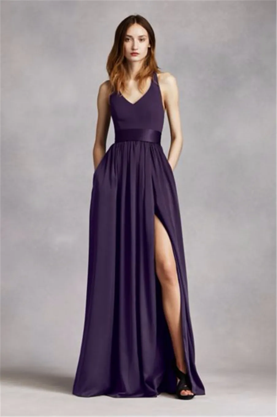 V Neck Halter Neckline Chiffon Front Slit Bridesmaid Dress VW360214 with Sash Wedding Party or Any Special Event