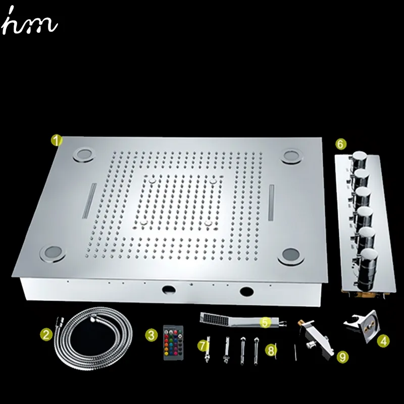 Thermostatische Dusche, modernes Design, große Decken-Regen-Multifunktions-Unterputz-Duscharmaturen-Set, LED-Duschnebel-Wasserfall