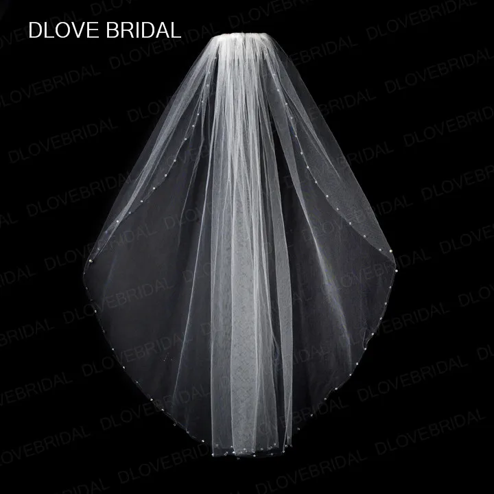 Ny design Clear Crystal Bridal Veil med kam ett lager fingertoppslängd pärlstav bröllop hår tillbehör vit elfenben7026712