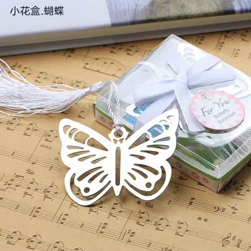 Butterfly Bookmarks Metal с кисточками Канцтовары Подарки Свадебные благополучие из нержавеющей стали Закладка Подарочная коробка Упаковка