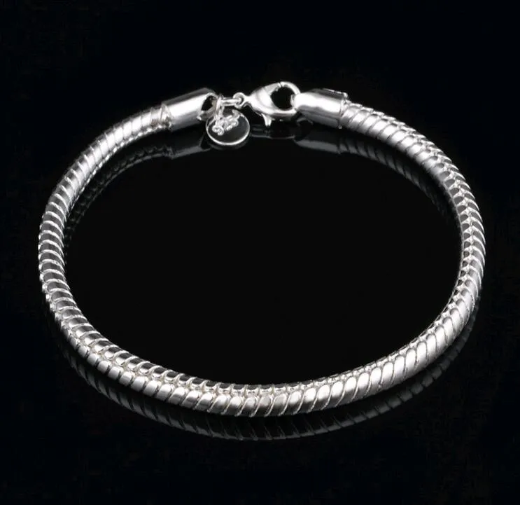 20 cm ormkedja armband 3MM 4MM hummerlås med 925 stämpel Silverpläterade armband passar Charms Beads Partihandel