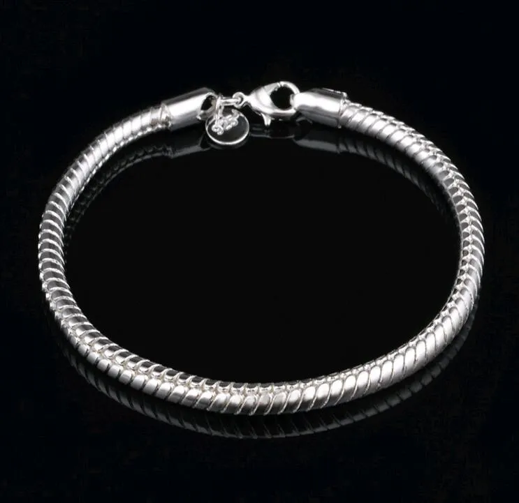 Pulseira de corrente de cobra de 20 cm 3 mm 4 mm de fecho lagosta com 925 selos banhados a prata pulseiras de contas de tamanho grande atacado