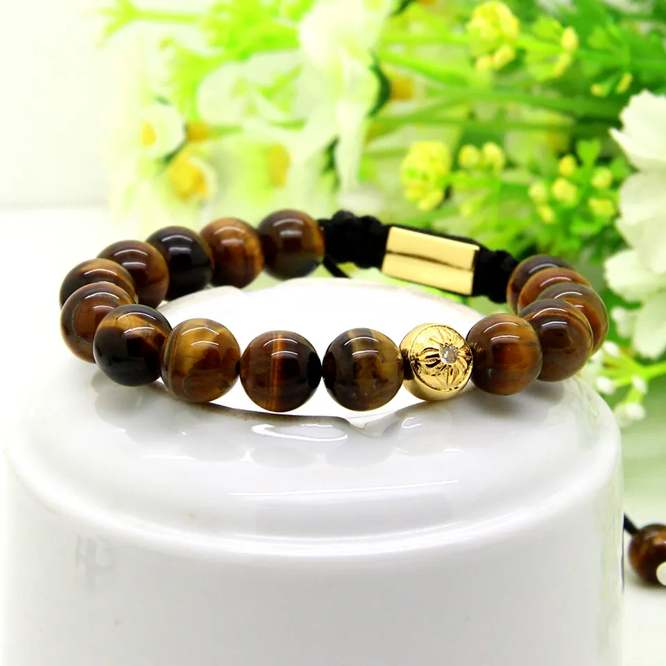 Nouveau En Gros / Hommes Plaqué Or Clair Cz Avec 10mm Tiger Eye Pierre Perles Tressage Bracelet