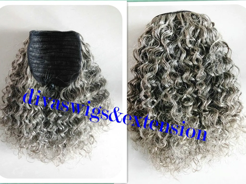 100% verklig mänsklig grå puff afro hästsvans hårförlängningsklipp i remy coily kinky curly dragstring hästsvans grå hårbit 120g