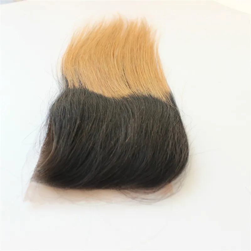 Brazilian Ombre Straight Two Tone 1b 27 Blonde Human Hair Lace Closure Bleached Knots 4 x4