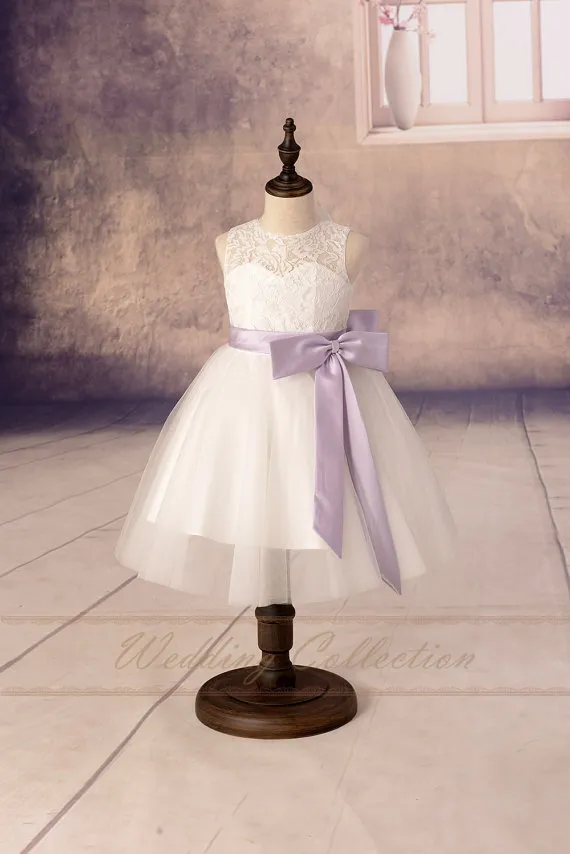 2017 Custom Flower Girl Dresses Lovely Sheer White Lace Jewel Neck Pretty A-Line Open Back Cute Lilac Bow Ribbon Communion Dress for Girls