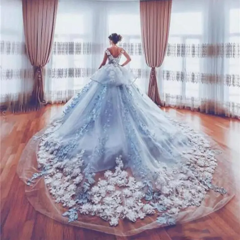 Amazing 3D Appliques Wedding Dresses 2018 Ice Blue Peplum Cathedral Train Bridal Gowns Custom Made Tulle Layers Wedding Vestidos