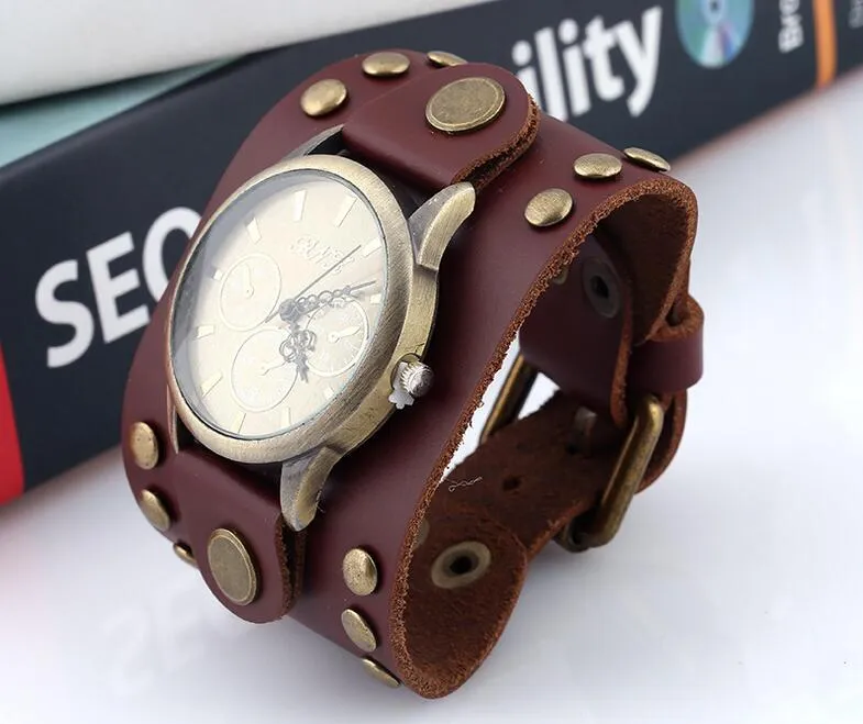 2017 nueva moda 100% reloj de pulsera de cuero genuino pulsera ancha con remaches 52mm reloj de hombre hebilla de cinturón reloj de pulsera de cuero Retro