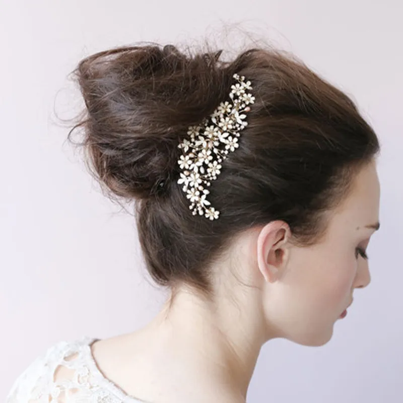 Kvistar honung bröllopshuvudstycken med blommor strass naturliga pärlor kvinnor hår kammar bröllop tiaras brud hår tillbehör #o024