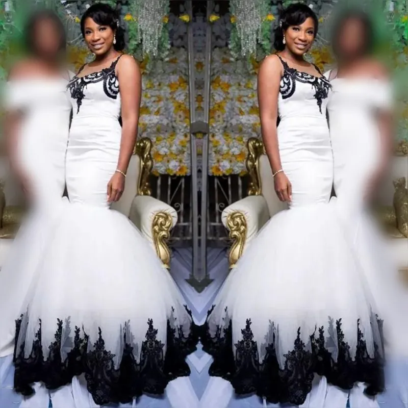 Preto e branco sereia vestidos de casamento sul africano puro laço apliques vestidos nupciais cetim tule varrer trem vestidos de casamento