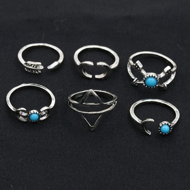 Mode losse steen maan pijl gewricht ring 6 stks van combinatie pakketten legering ring vrouwen zilveren bruiloft verlovingsringen sieraden groothandel