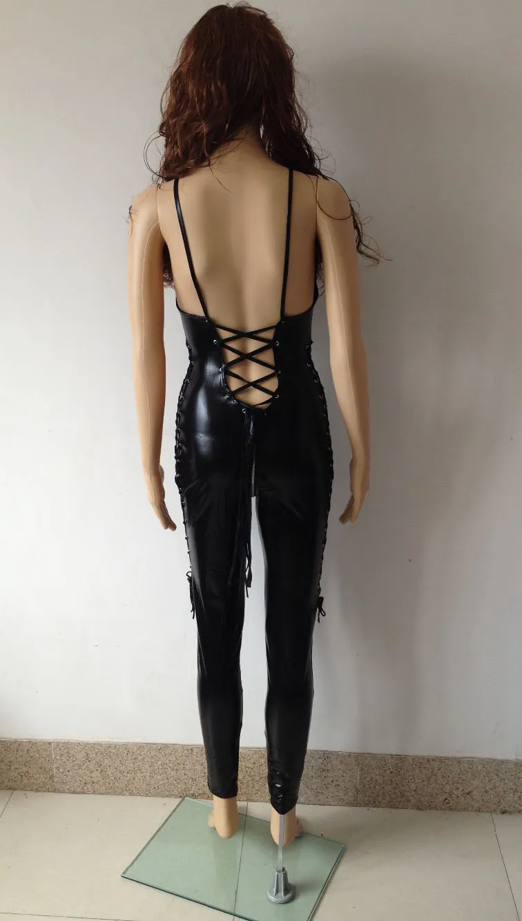 Nieuwigheid Stijl Dames Sexy Lace Up Kostuum Shiny Black Catsuit Dance Clubwear Mouwloze Jumpsuit Open Back Leotard Latex zoals bodysuits