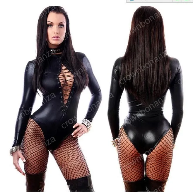 Women's Jumpsuit Black Sexy Leather Dresses Long Sleeve Bodysuits Erotic Leotard Latex Catsuit Costume