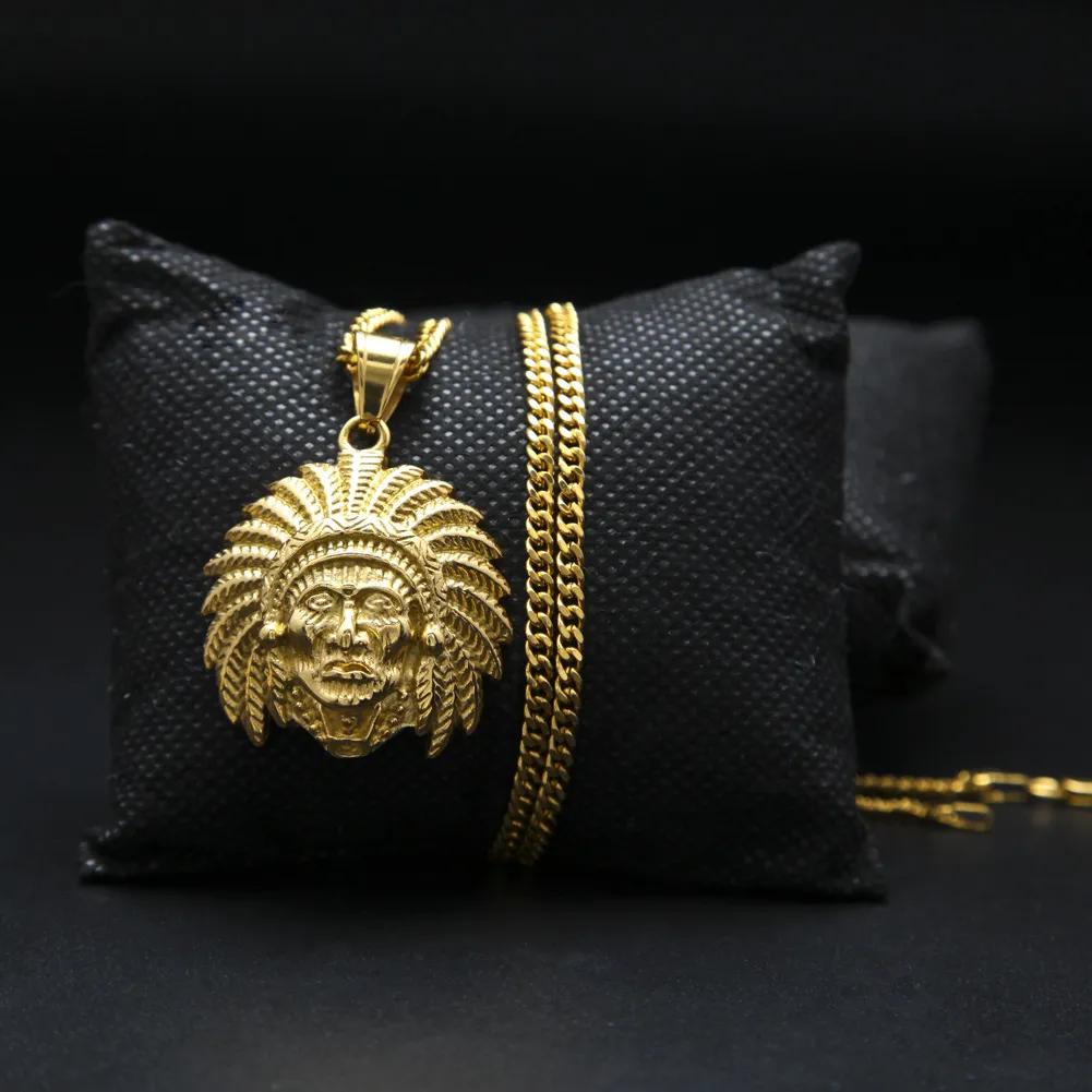 Collana con ciondolo a forma di testa indiana hip-hop placcato oro Tutankhamon gioielli con ciondolo uomo donna con catena cubana da 24 ''