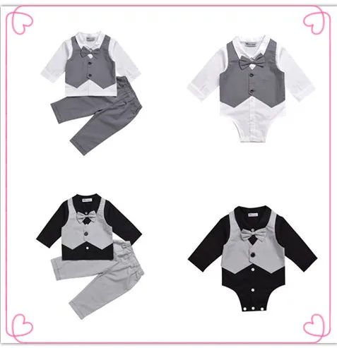 Mikrdoo Hot Baby Boy Abbigliamento Completo Vest + Bow Camicia Pagliaccetto + Pantaloni Falso 2 Pezzi Abiti Formale Gentleman Cotton Wedding Abbigliamento Top Set Età 0-2 T