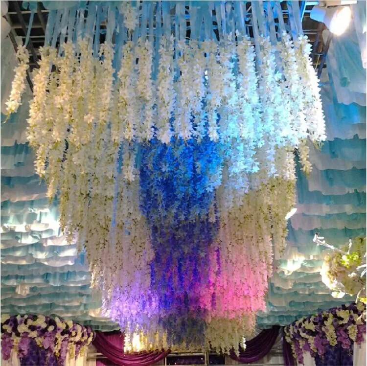 Elegant White Artificial Silk Decorative Flowers Garland Fake Hanging Orchids Plants Vine For Wedding Party Decoration Supplies 50pcs/lot