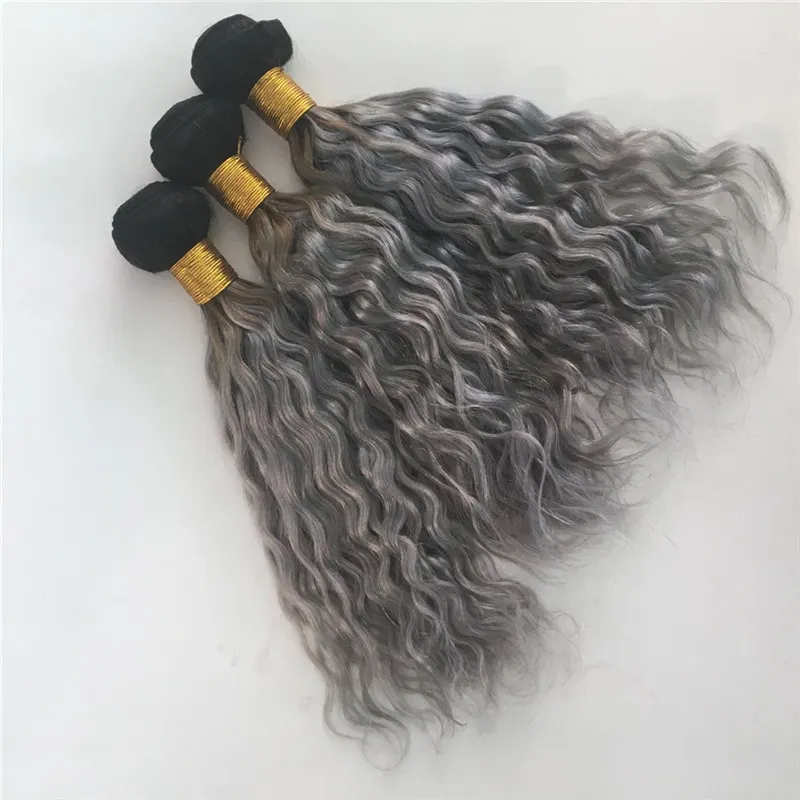 Ombre Color Brazilian Virgin Human Hair Bundles 1B Grey Human Hair Weves Two Tone Water Wave Hair Weft 7411026