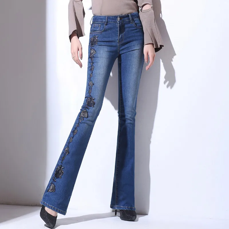 Wholesale- 2017 Summer High Waist Embroidered Flare Jeans Women Cowboy Long Pants Female Slim Wide Leg Straight Denim Jeans Feminino C3140