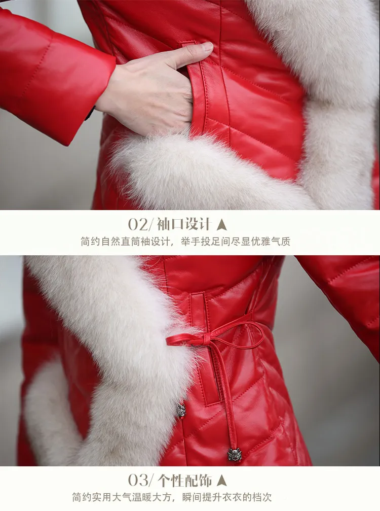 Women's luxury genuine sheepskin leather duck down padded long sleeve fox fur collar sashes slim waist parka short coat casacos