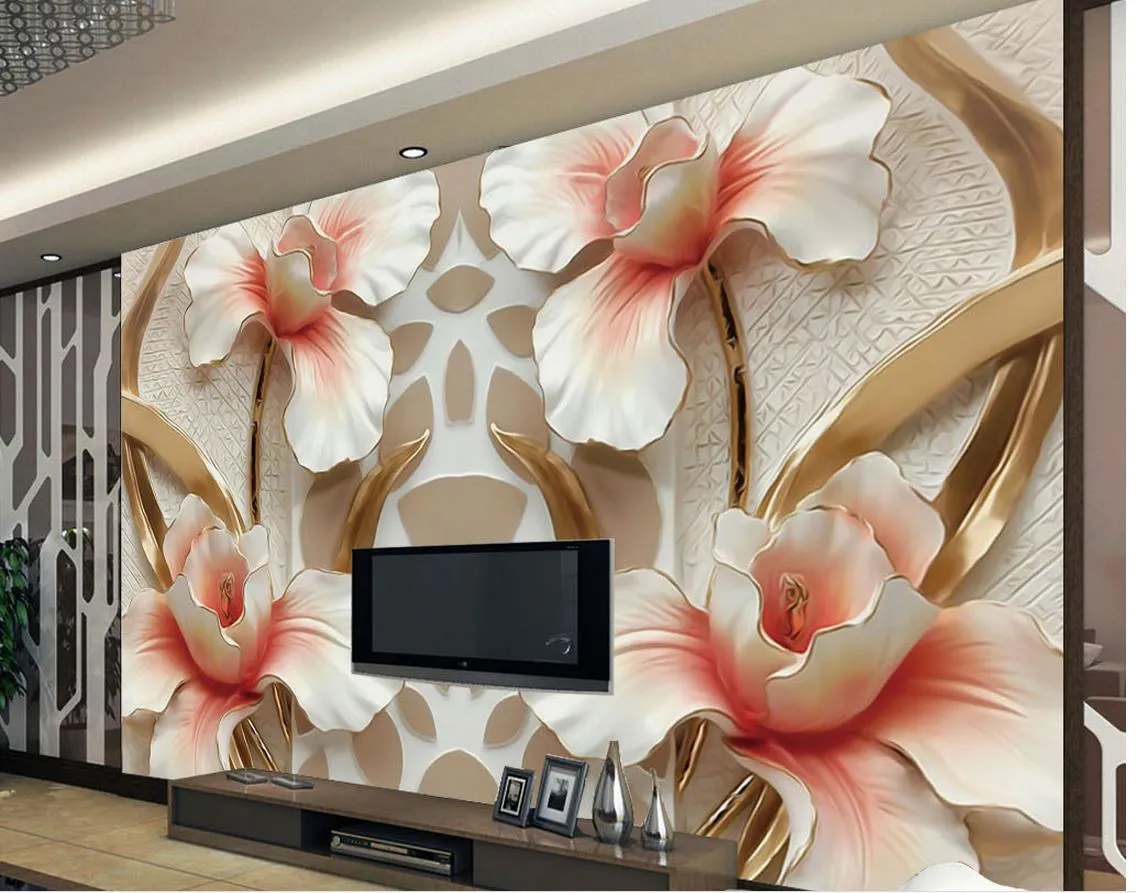 High Quality Customize size Modern 3D flower relief TV background