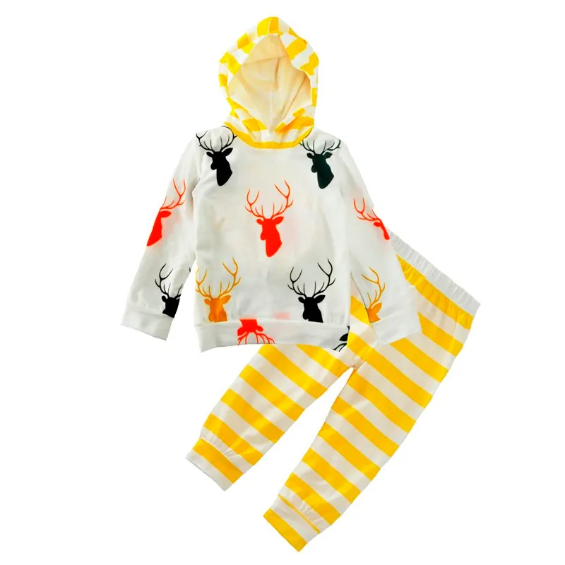 Herbst Herbst Neugeborenen Baby Junge Mädchen Kleidung Nette Weihnachten Tops Deer Mit Kapuze + Gestreiften Lange Hosen 2 stücke Outfit kinder Kleidung Set