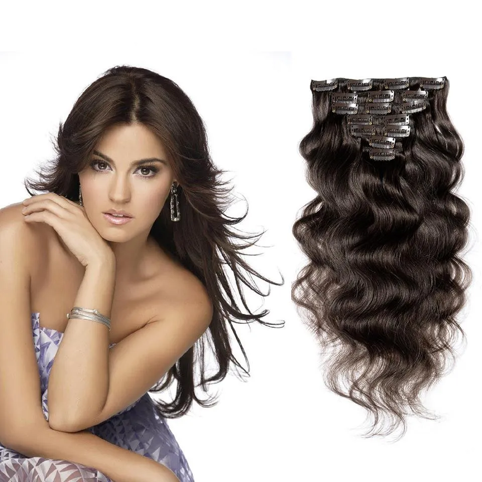 Hot Wavy Clip i 100 mänskliga hårförlängningar 120g 7st #2 Färg Kvinnors hårförlängningar Klipp i mänskliga hårförlängningar