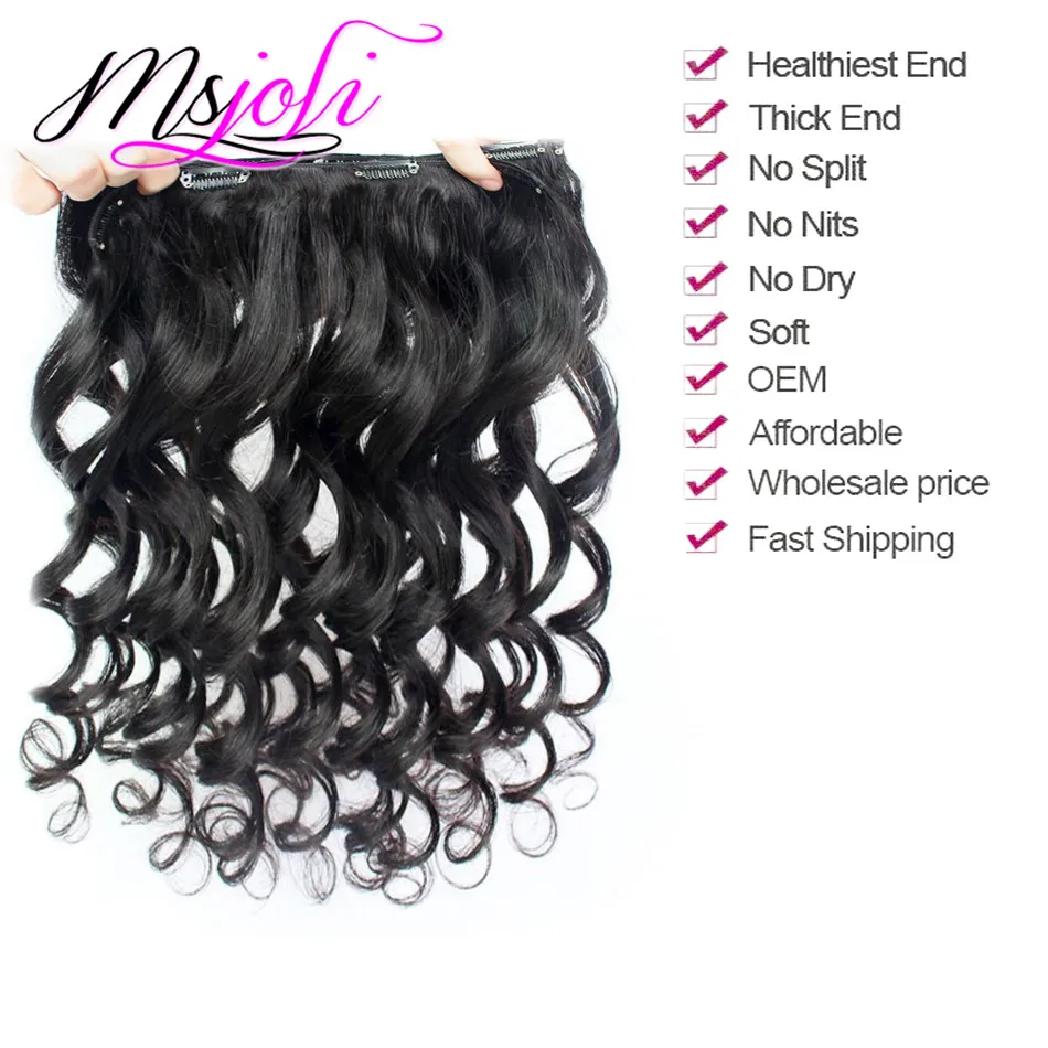 Msjoli Brazilian Virgin Human Hair Clip in Hair Extensions 100g Loose Wave Natural Color Full Head LOT2646663