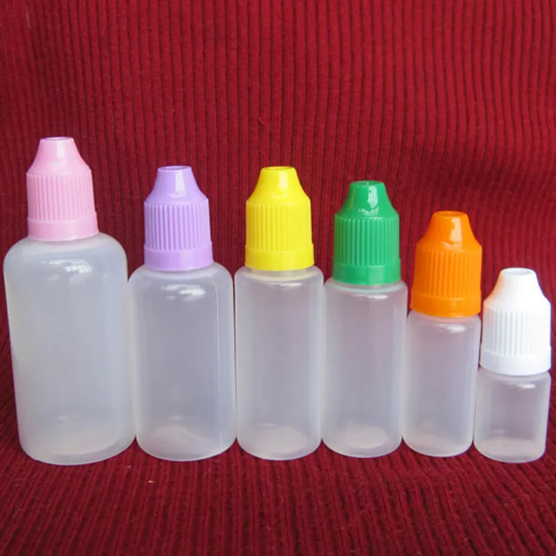 Färgglada 5 ml 10 ml 15 ml 20 ml 30 ml 50 ml tom e flytande plastdroppflaskor med barnsäkra flaskhattar och nålspetsar DHL gratis