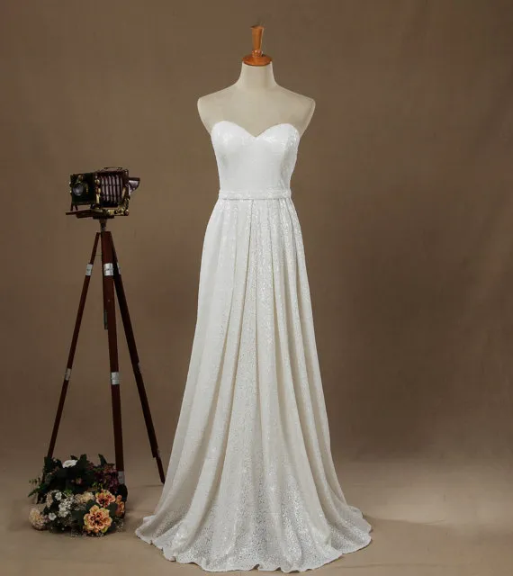 Grodeous vit glänsande sequined aftonklänning älskling a-line brudtärna klänning golv längd strapless normal prom klänning