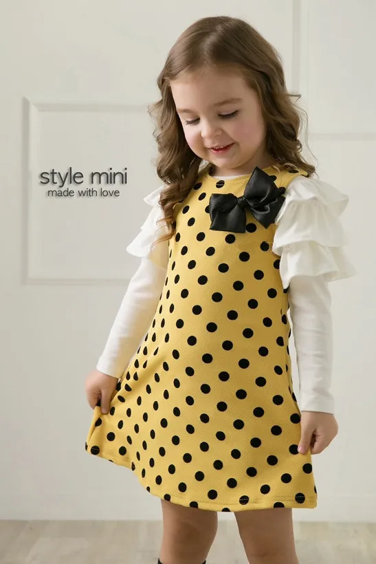 Ny ankomst Baby Långärmad Polka Dots Dresses For Girls Princess Bowknot Long Dress Party Vestidos