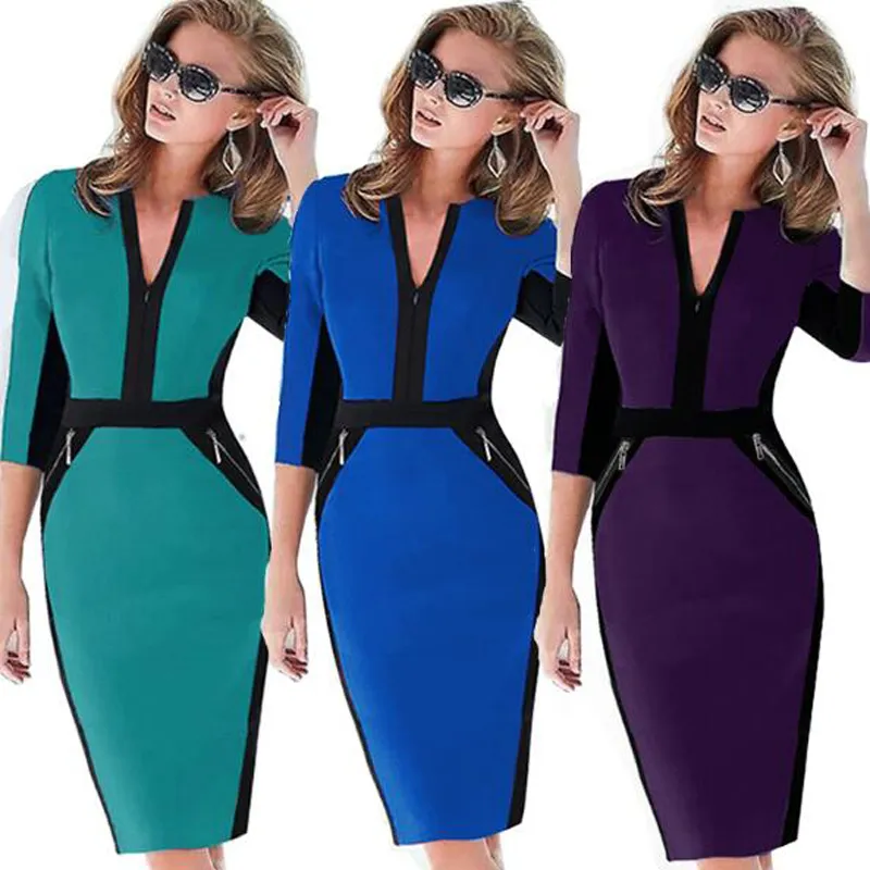 Women Work Dresses Plus Size Front Zipper Elegant Stretch Dress Bodycon