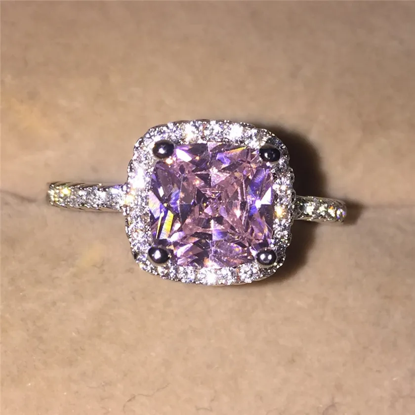 Märke 925 Sterling Silver 3ct Pink Topaz Square CZ Diamant Ringar Eleganta Kvinnor Engagemang Bröllopsringar