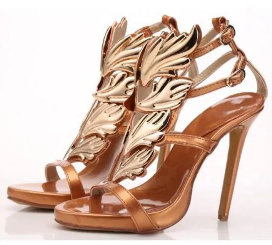 Christmas Gift Golden Metal Wings Leaf Strappy Dress Sandal Gladiator High Heels Women Metallic Winged Sandals