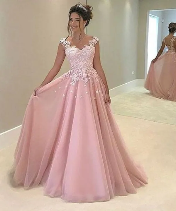 Stunning Prom Dress Long Blush Pink Evening Party Gowns A Line Illusion V Neck See Through Back Floor Length Guest Gown