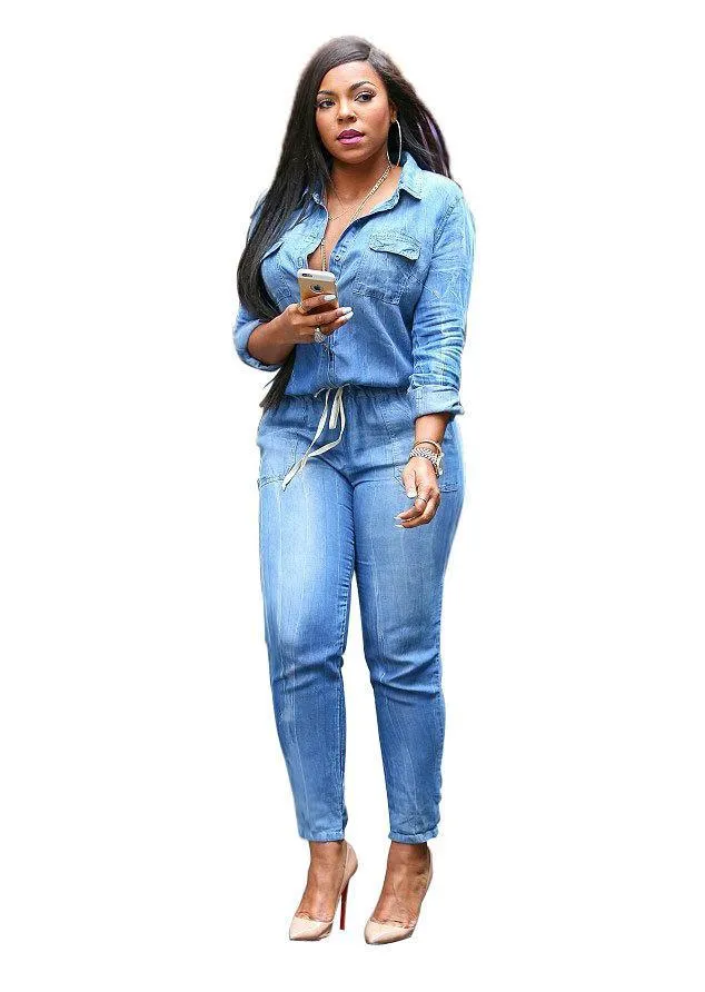 Оптовая продажа-2017 весна новая мода женщины с длинным рукавом джинсы комбинезон красивый глубокий V с Боттон комбинезон полная длина комбинезоны леди плюс размер