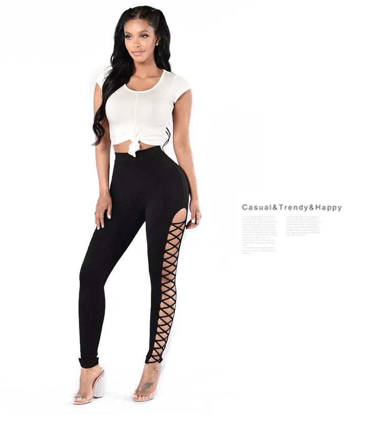 Nouveau design femmes sexy bodyon taille haute taille élastique 2 côtés évider laçage bandage tunique leggings collants pantalon SMLXL