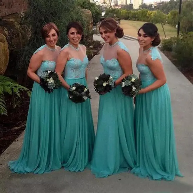 Elegant 2017 Turquoise Bridesmaid Dresses Long Cheap Sheer Neckline Lace And Chiffon Maid Of Honor Gowns Custom Made China EN8085