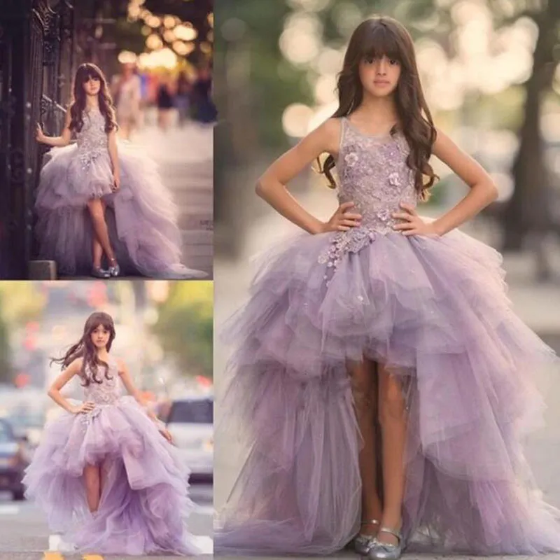 Brand Light Purple Flower Girl Dresses Sleeveless Appliques High-Low Tulle Kids Wedding Party Birthday Dress 2017 New Arrival