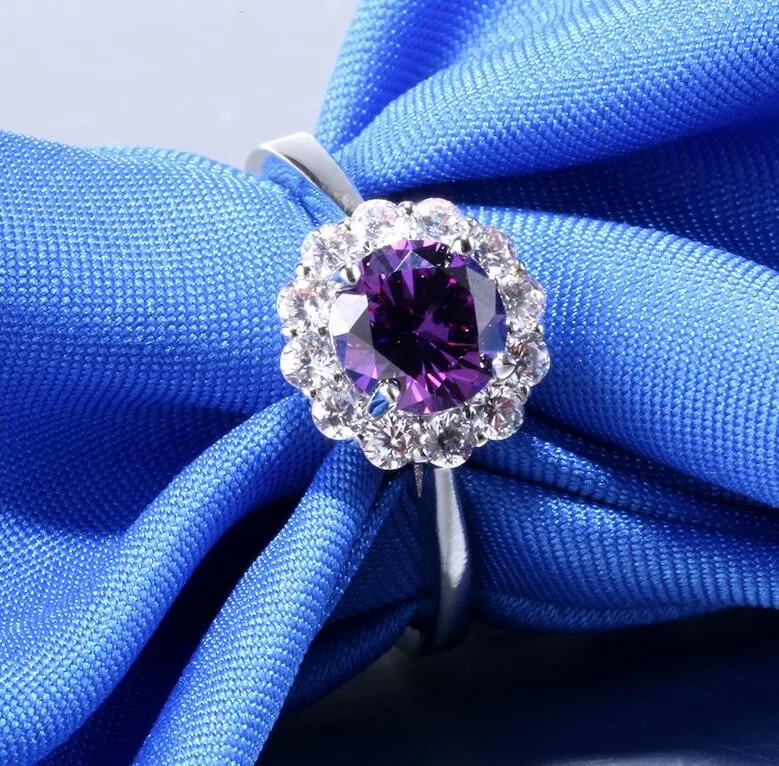 Wholesale Fashion Jewelry 18K White Gold Filled Solitaire Multistone CZ Diamond Amethyst Ruby Women Wedding Band Finger Ring for Lover Gif