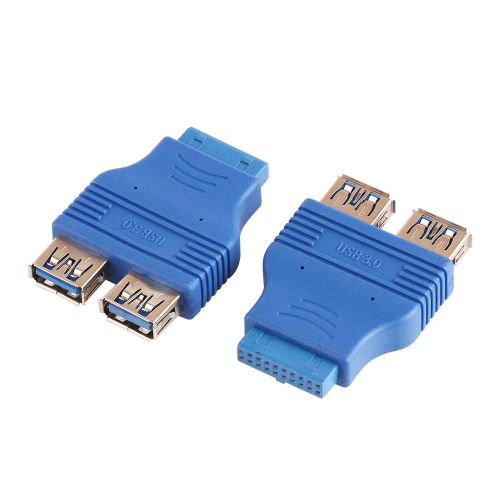 20 Pin Mother Board Header Kvinna till Dual USB 3.0 Typ A-Kvinna Adapter Connector Blue