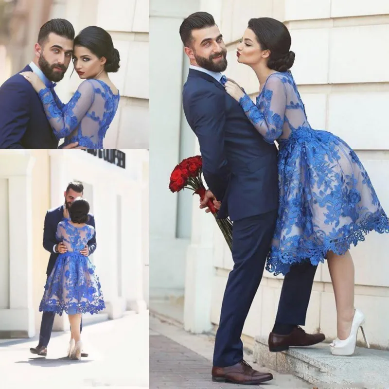 Royal Blue Saudiarabien Prom Klänningar Se igenom med Lace Appliques Knee Length Långärmad Kväll Party Gowns Homecoming Dress