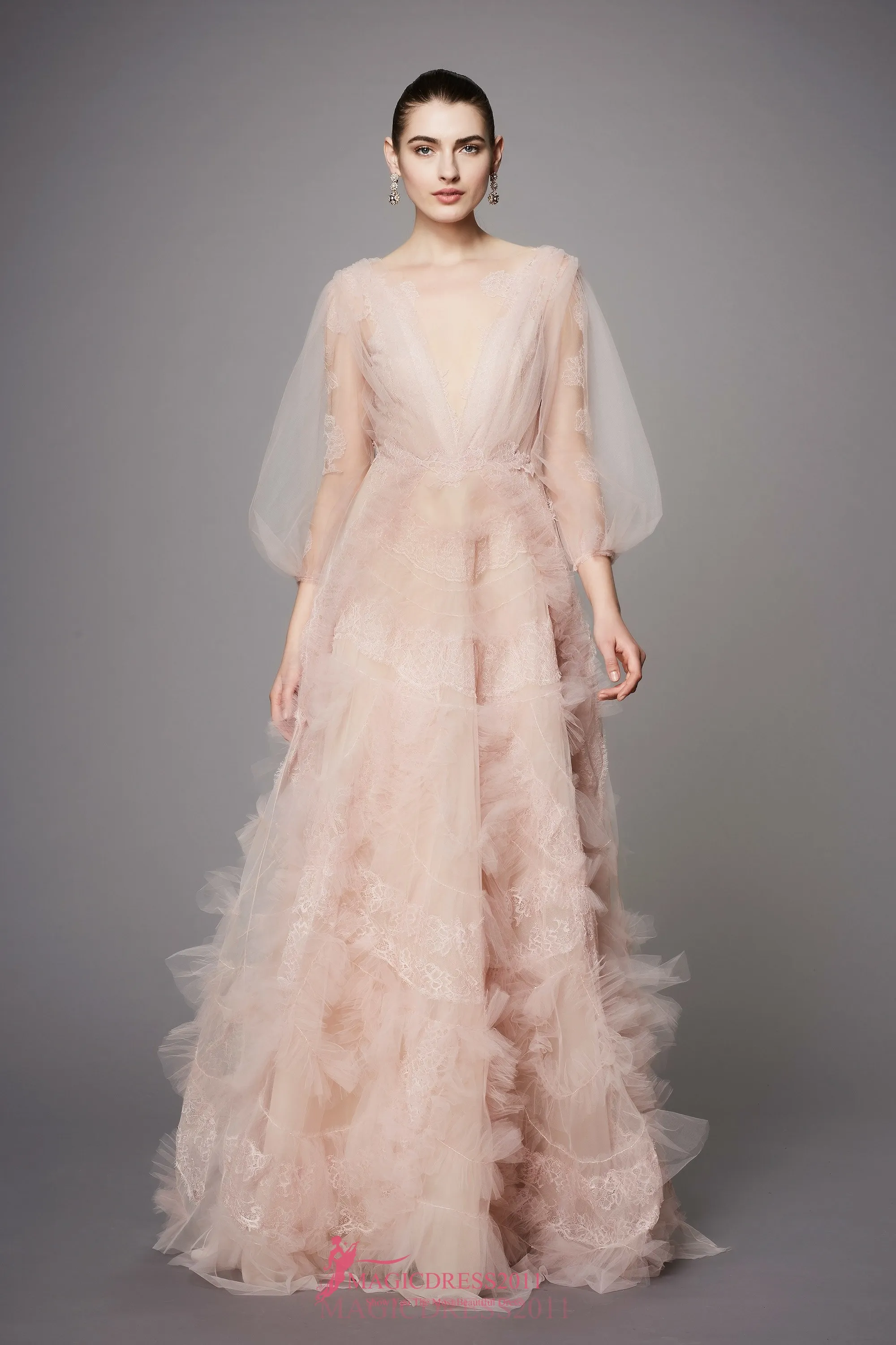 Marchesa 2019 rosa Lace Vestidos A-Line Jewel Illusion corpete mangas compridas hierárquico Saias Partido Prom Formal